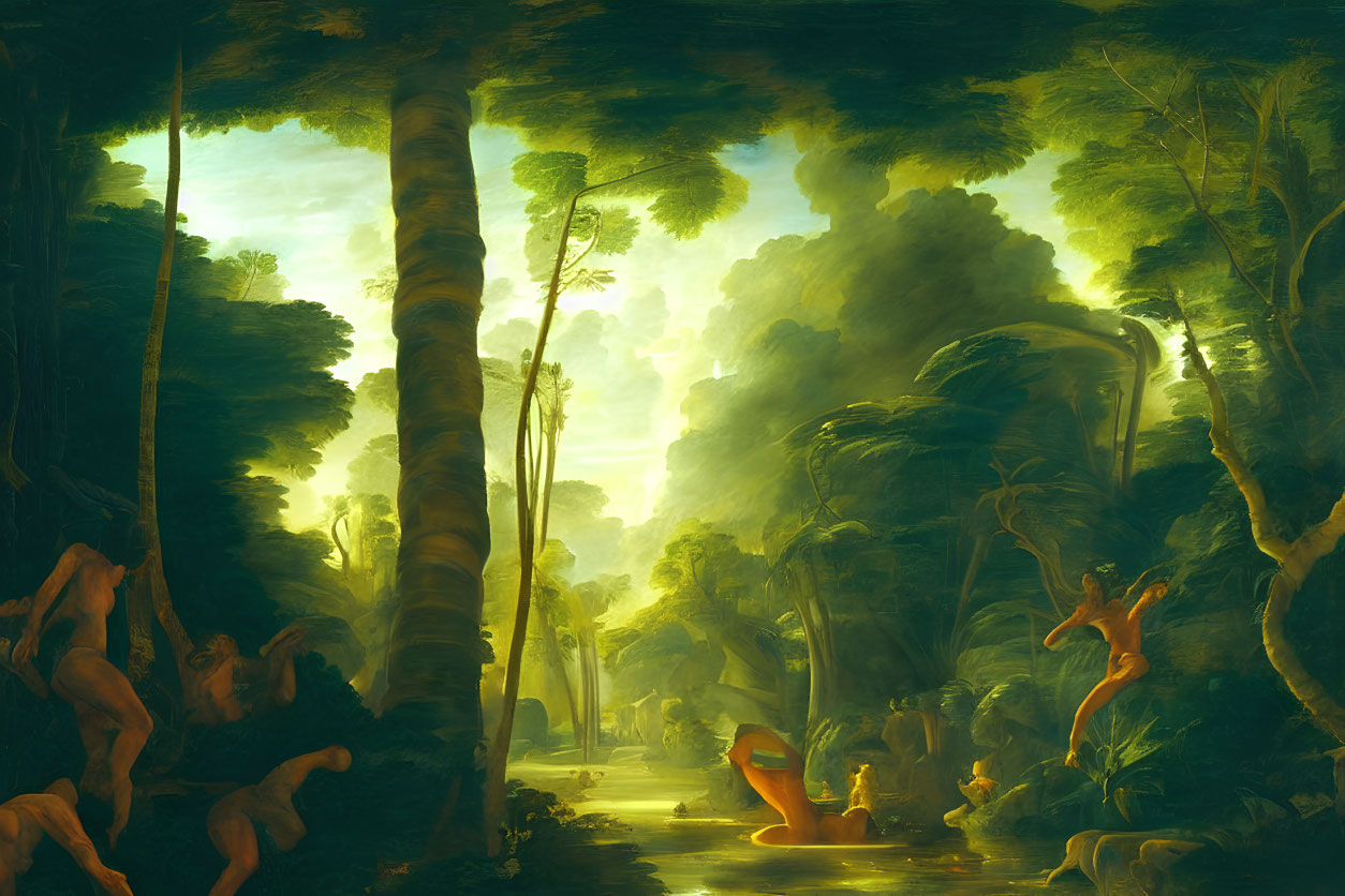 Tropical forest with towering trees and nude figures in various poses