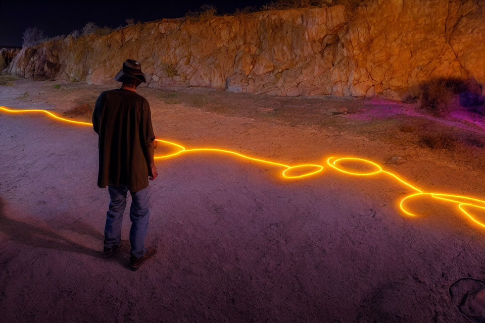 Man in Hat Observing Illuminated Winding Path at Night