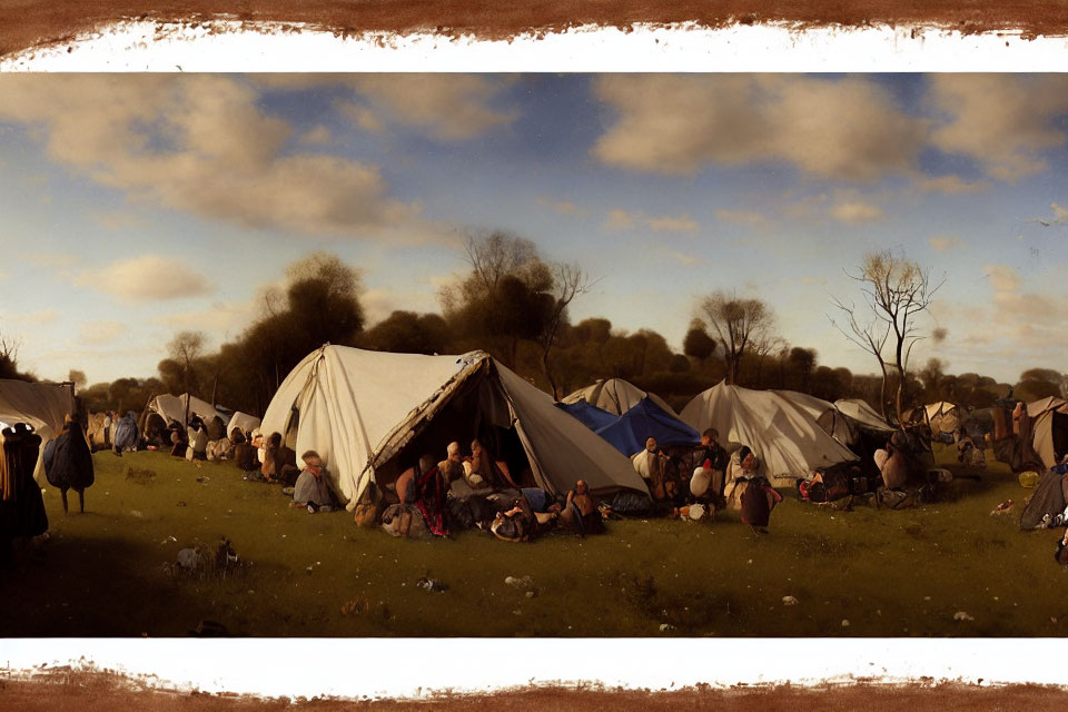 Historical encampment with people in period costumes under cloudy sky