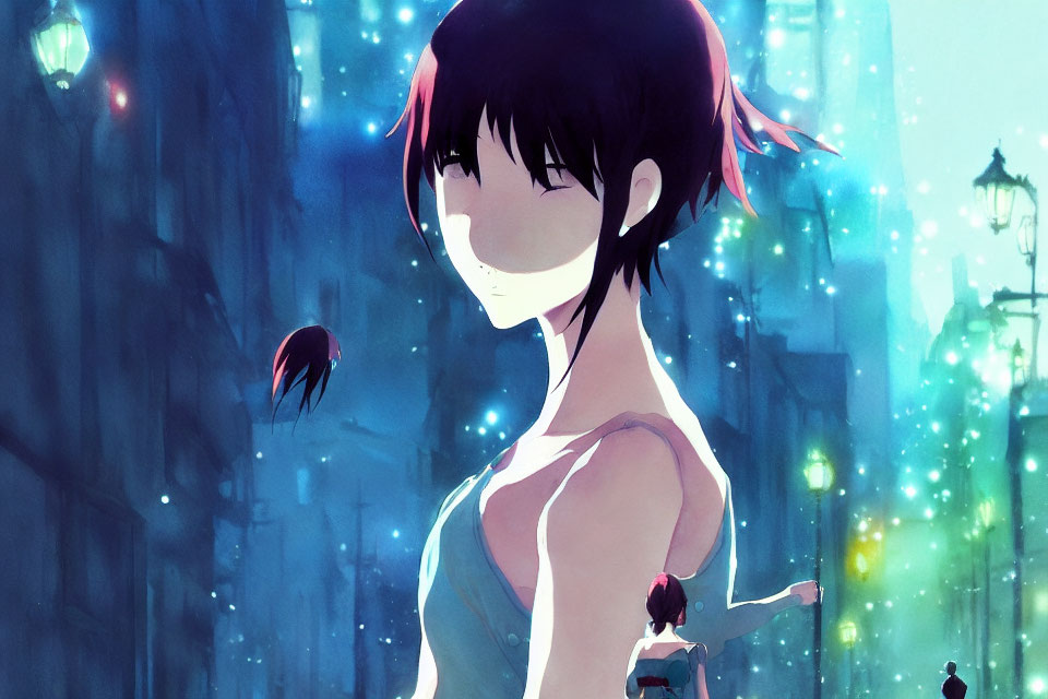 Stylized anime character with short dark hair and red tips in moody cityscape