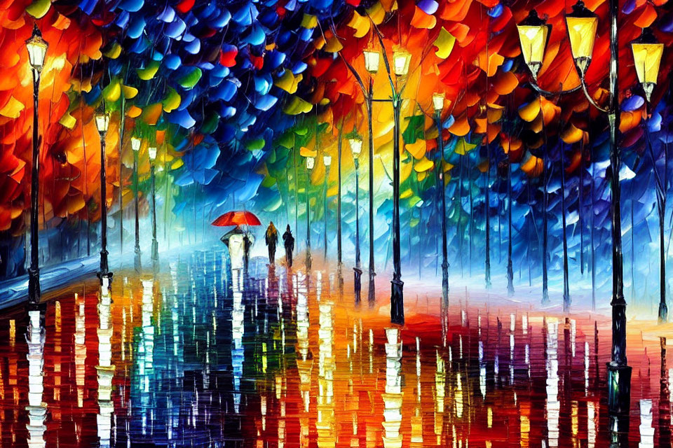 Colorful Impressionistic Painting of People with Umbrella on Rainy City Street