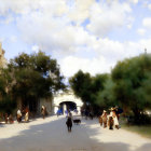 Person walking down misty road with umbrella surrounded by surreal sky and flying figure.