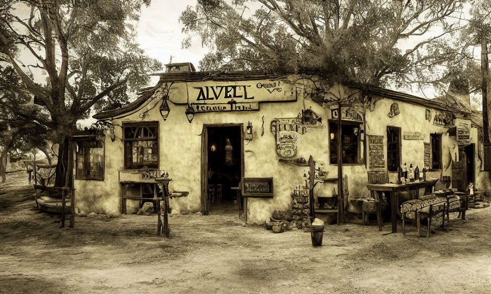 Vintage Decor Rustic Tavern Surrounded by Trees in Tranquil Setting