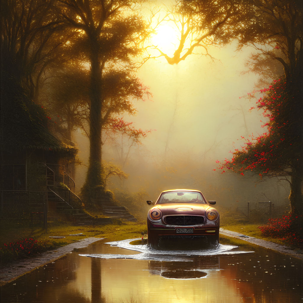 Vintage car on reflective puddle in misty forest road with red flowers