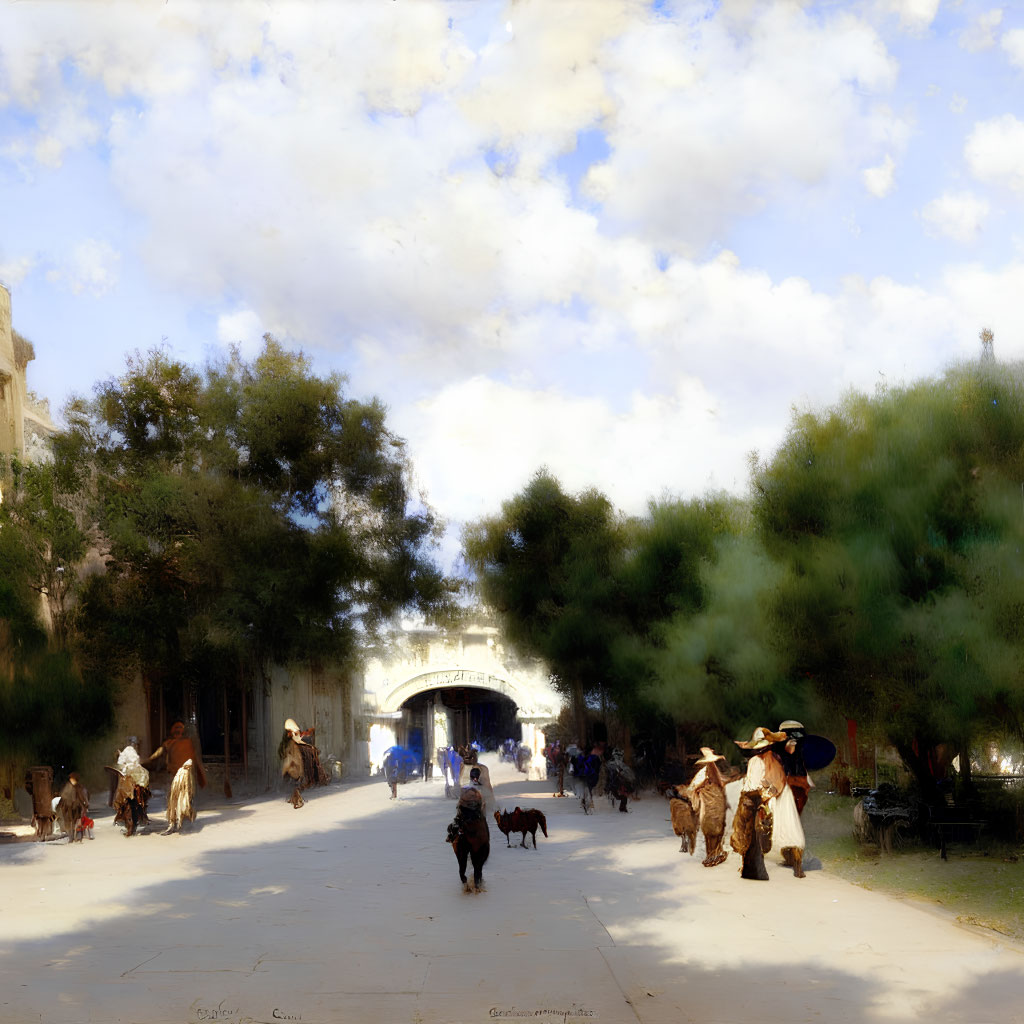 Colorful street scene with people, animals, trees, and archway in sunlight