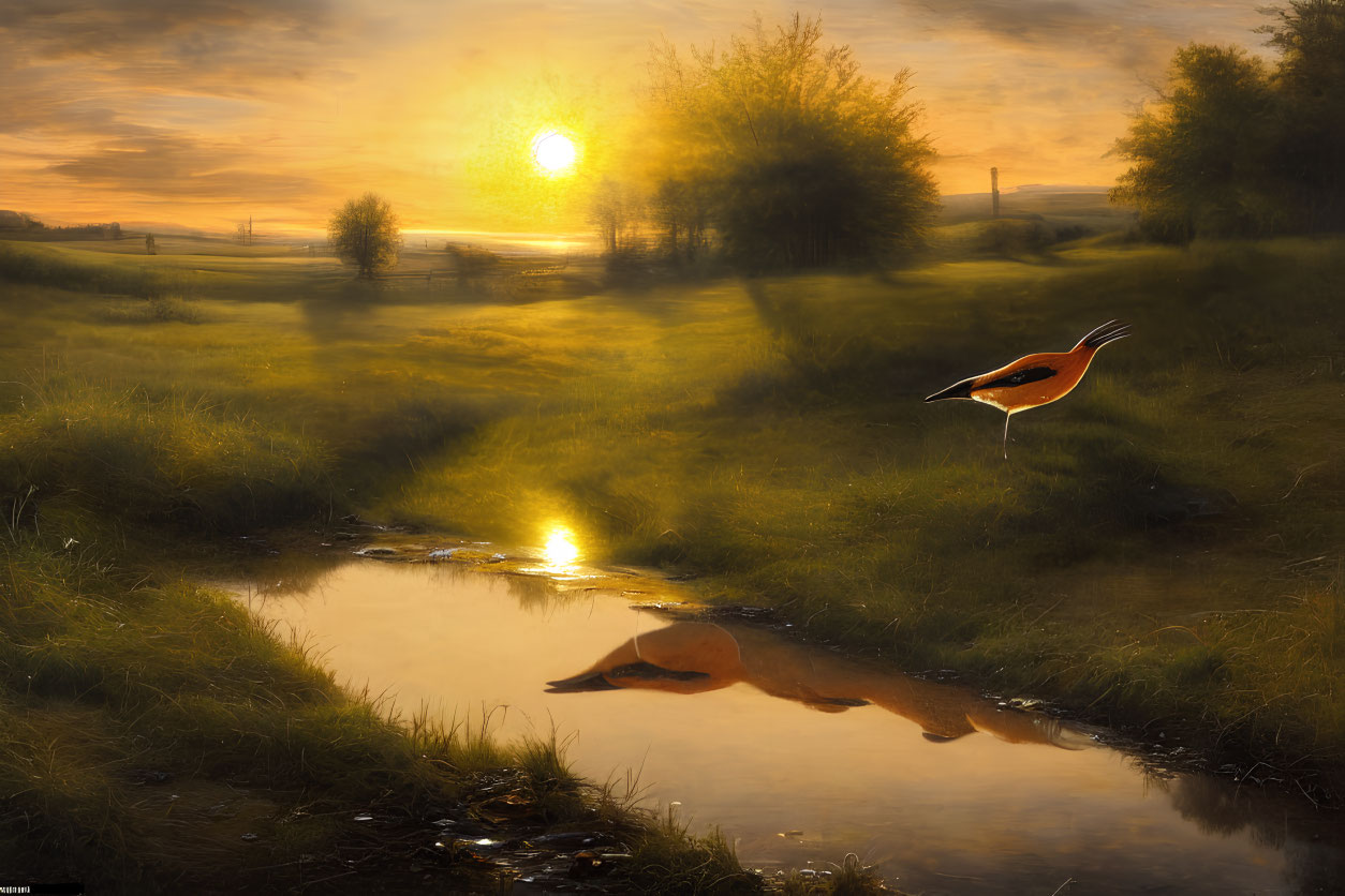 Tranquil sunset landscape with bird flying over reflective water