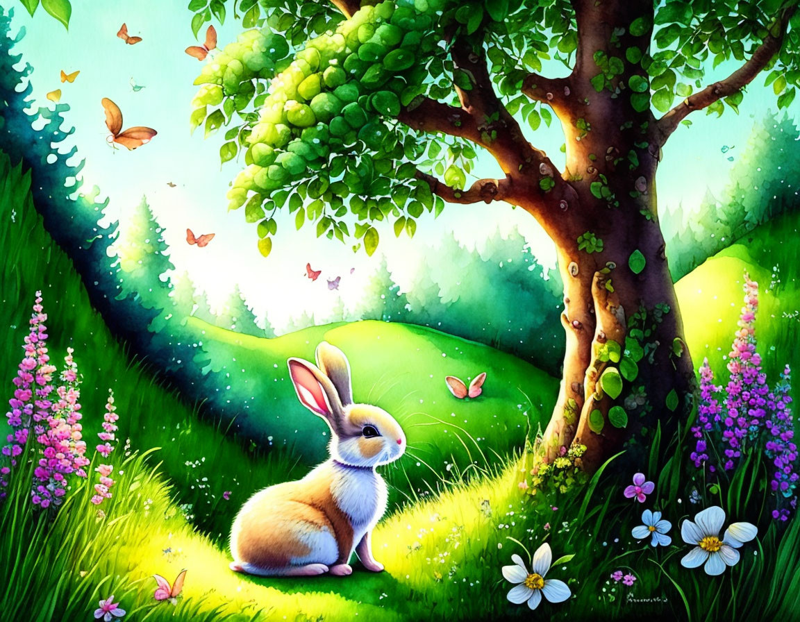 Colorful forest scene with rabbit, flowers, butterflies, and tree fruits.