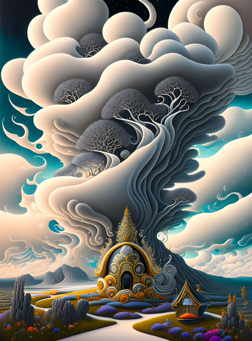 Whimsical surreal landscape with swirling clouds, ornate buildings, intricate trees, and vibrant flora