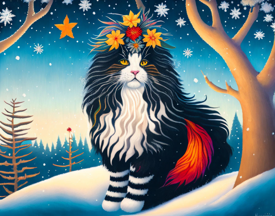 Vibrant illustration of long-haired cat in snowy landscape