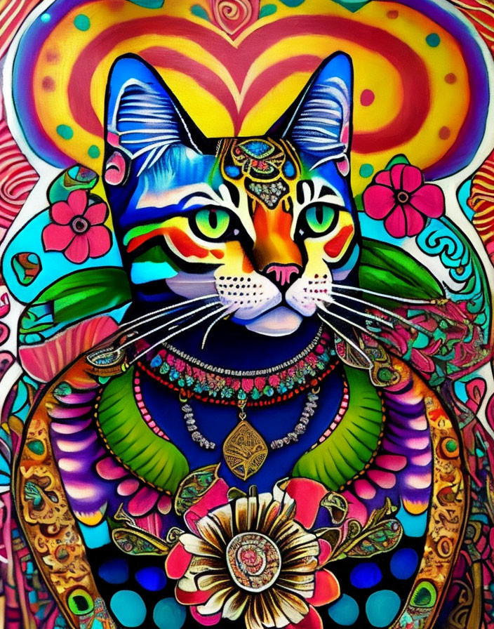 Multicolored cat painting with intricate patterns and jewelry on psychedelic background