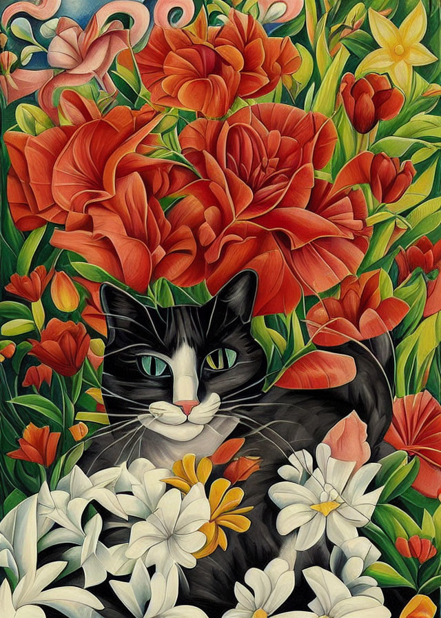 Vibrant floral background with black and white cat illustration