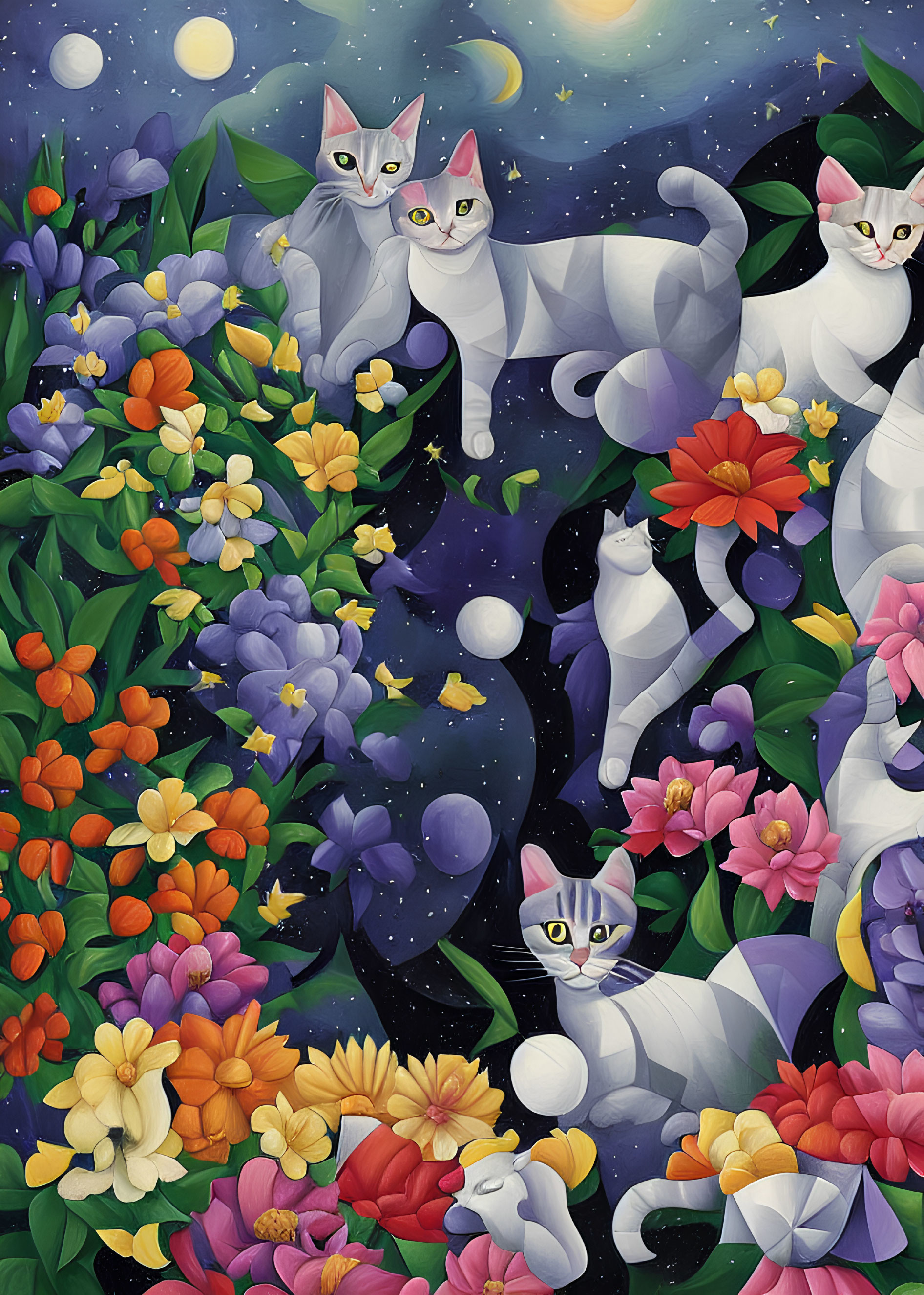 Whimsical illustration of white cats in cosmic floral scene