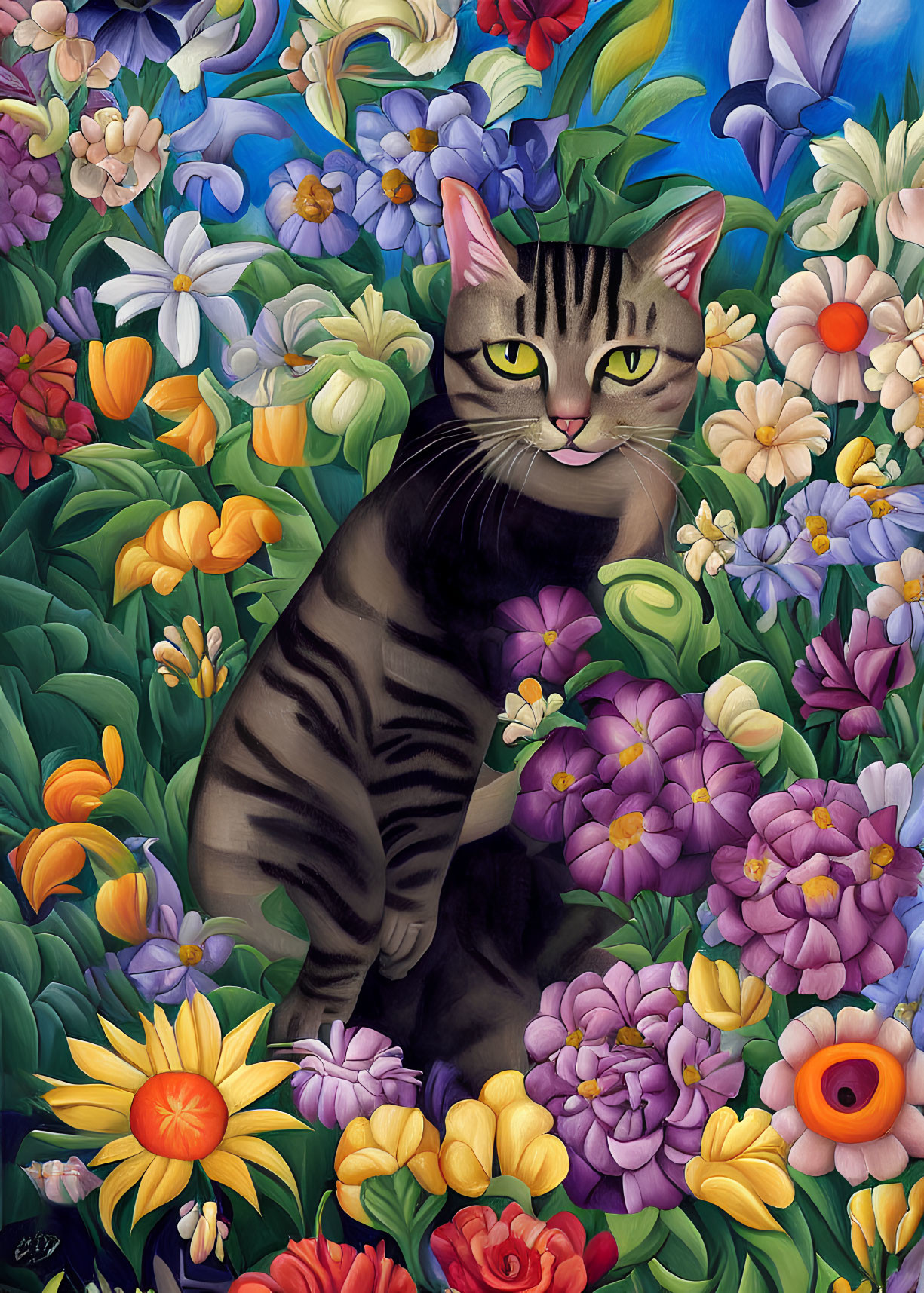 Striped Cat Surrounded by Vibrant Flowers in Various Colors