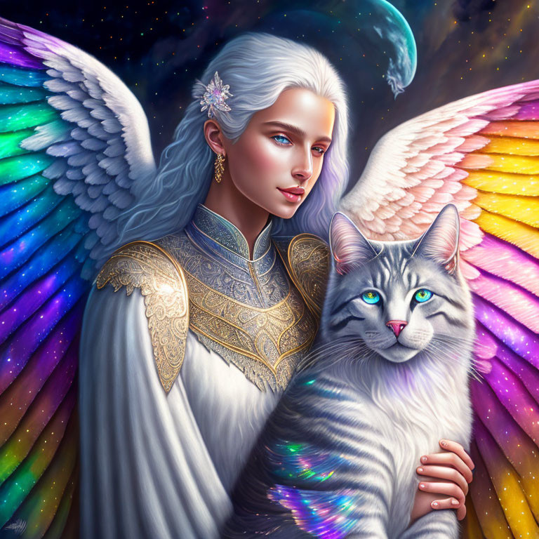 Ethereal woman with angelic wings holding majestic cat in vibrant celestial scene