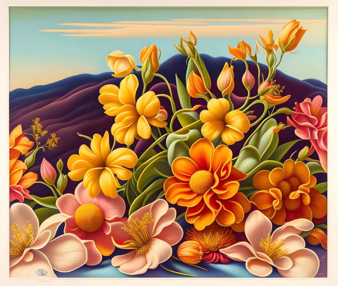 Colorful Blooming Flowers Illustration with Rolling Hills and Soft Sky