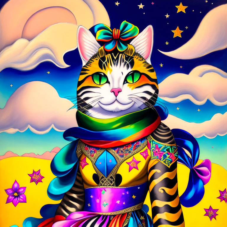 Colorful Cat Illustration in Whimsical Outfit & Starry Sky