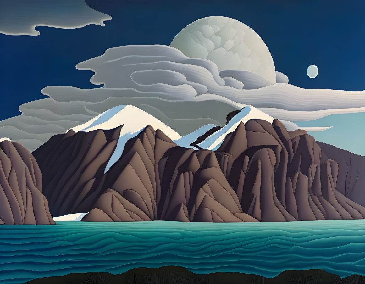 Snowy Mountains Landscape with Moonlit Sky and Water Reflections