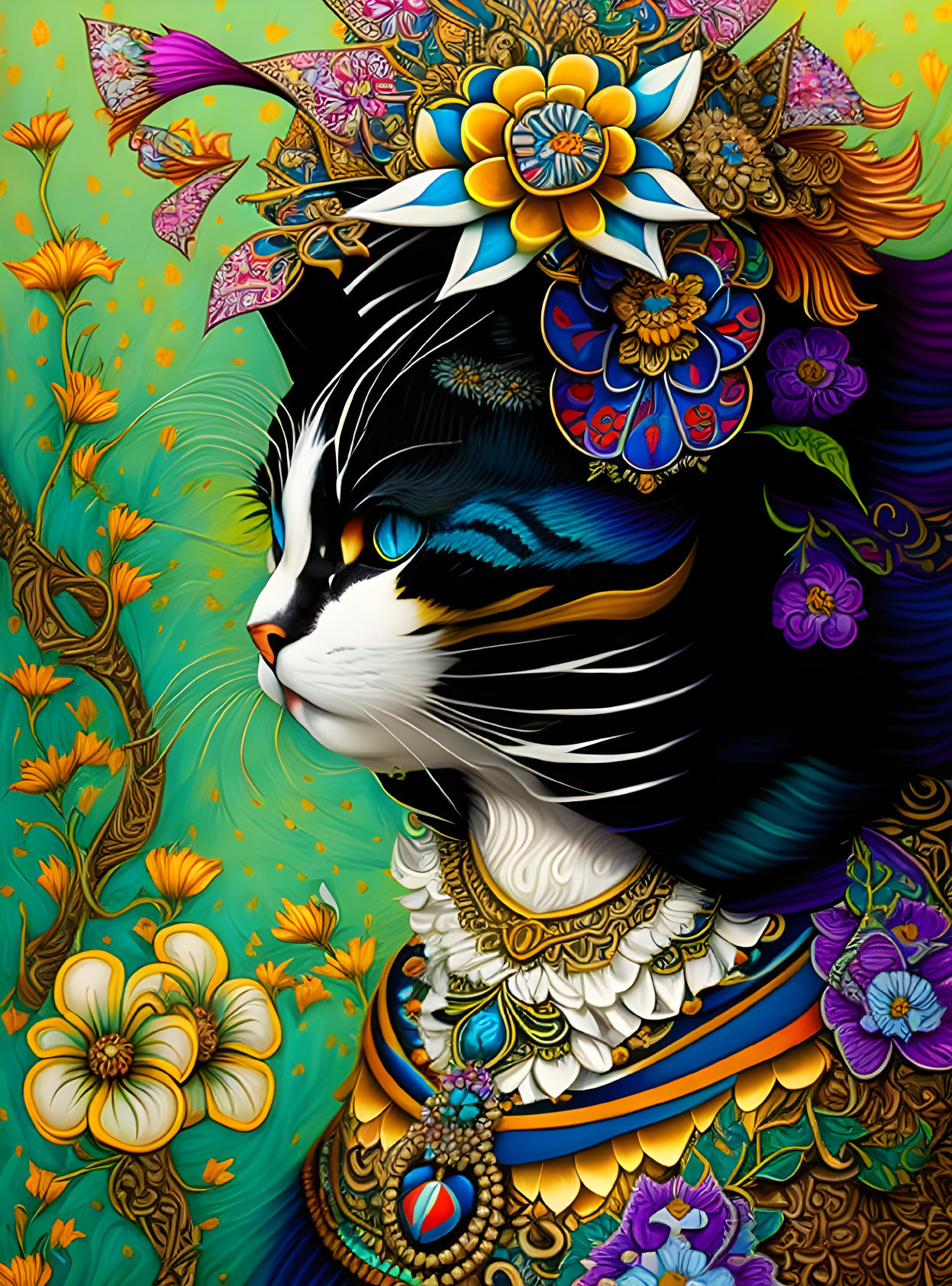 Colorful Cat Illustration with Floral and Mandala Patterns on Vibrant Background