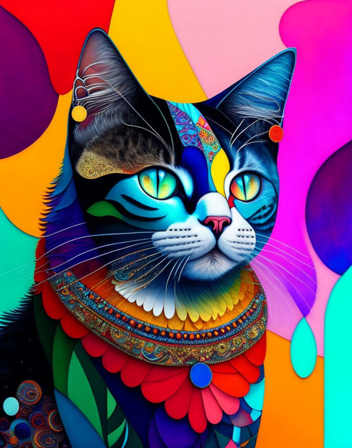 Colorful digital artwork featuring a cat with intricate patterns and blue eyes on abstract backdrop
