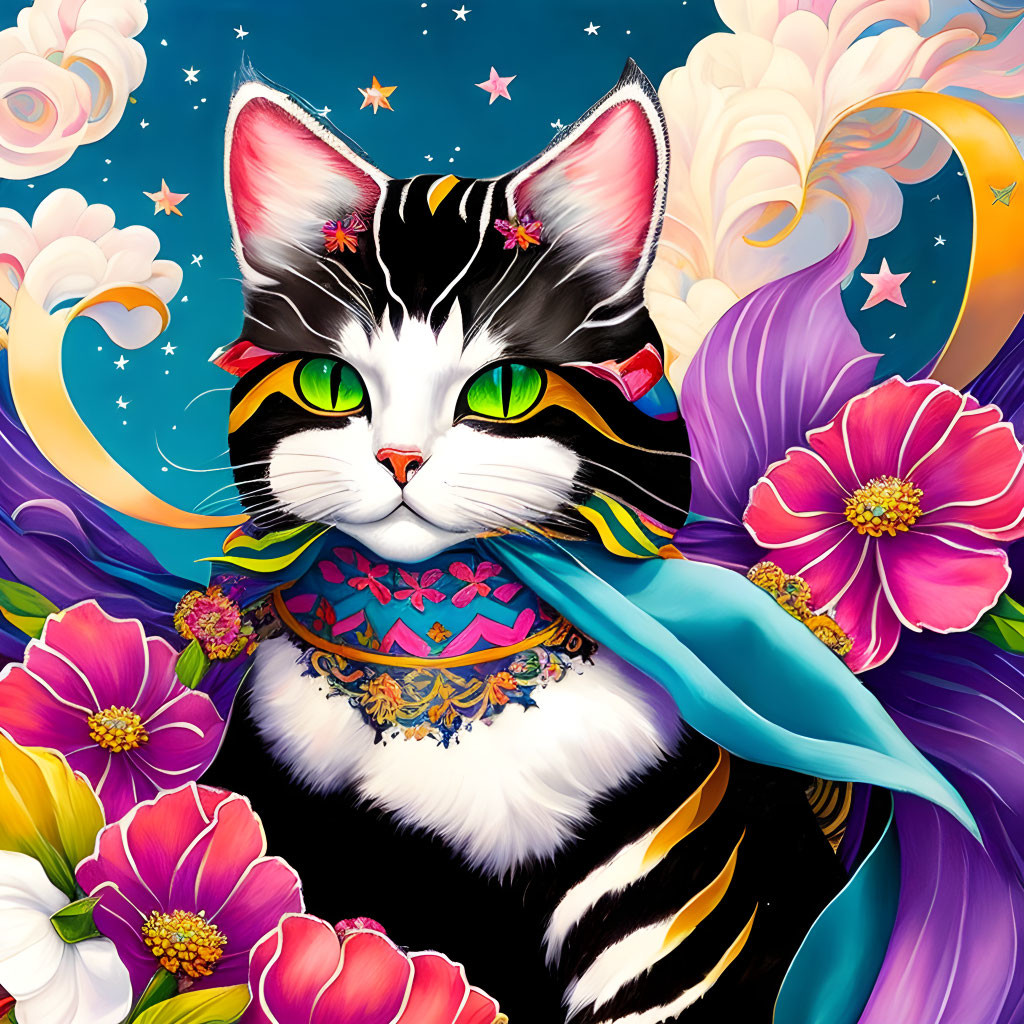 Colorful whimsical cat illustration with green eyes and floral background