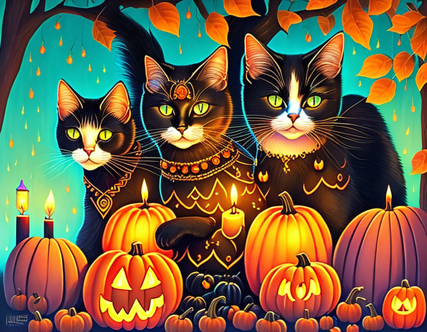 Stylized black cats among pumpkins, candles, and autumn tree.