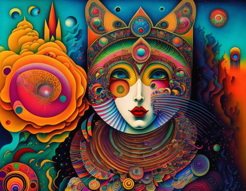 Colorful psychedelic cat-like humanoid face with cosmic floral elements
