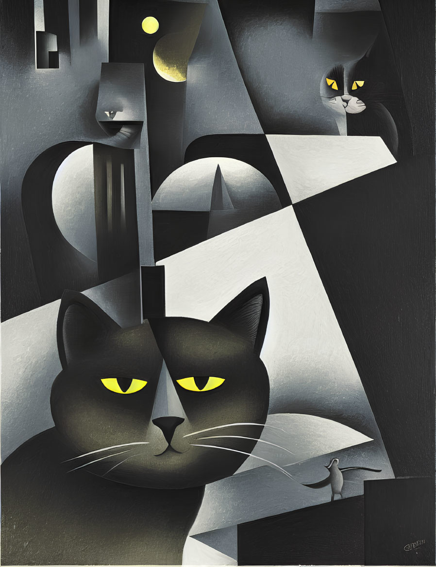 Monochromatic Abstract Art: Large Black Cat and Geometric Shapes