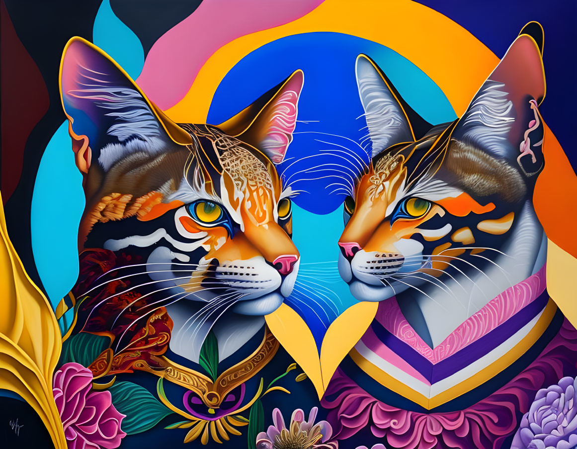 Colorful Stylized Cats Against Abstract Floral Background