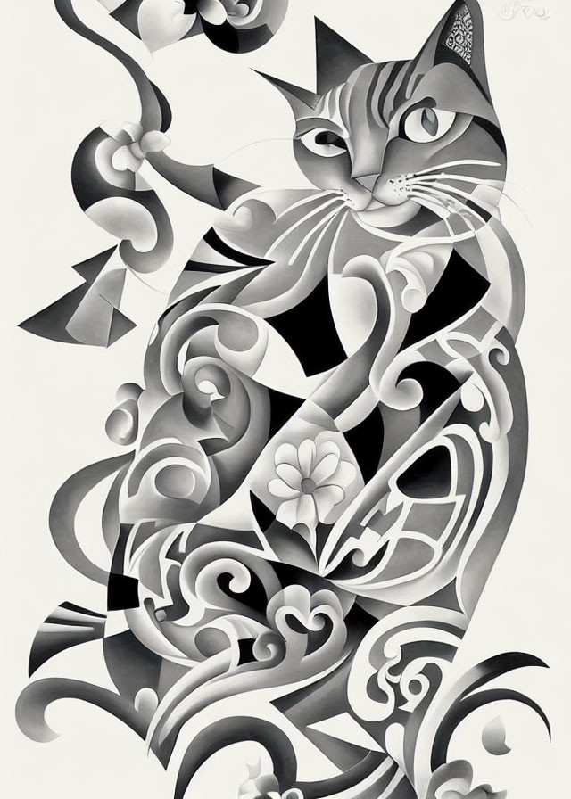 Detailed Black and White Illustration of Stylized Cat with Intricate Patterns