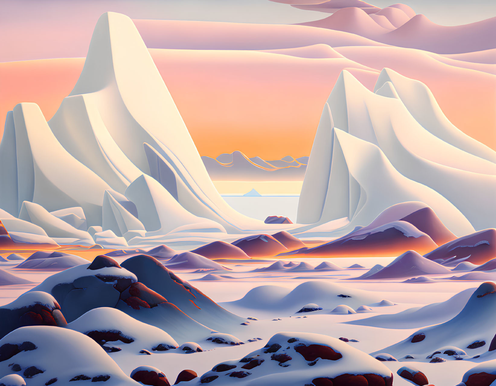 Icy Landscape Digital Artwork: Sunset with Snow-Covered Peaks