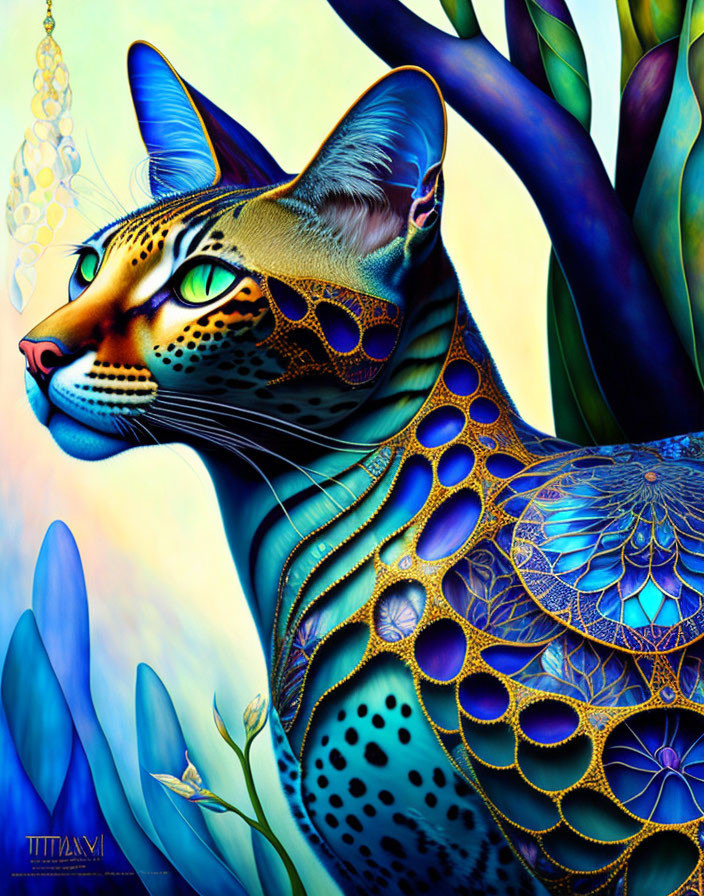 Colorful Cat Artwork with Mandala Patterns and Blue & Gold Palette