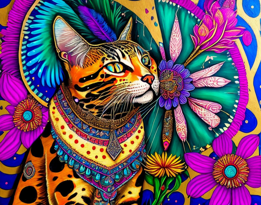 Colorful Cat Artwork with Intricate Patterns and Floral Background