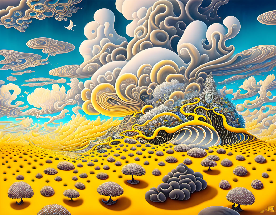 Colorful surreal landscape with stylized clouds and mushroom-like formations