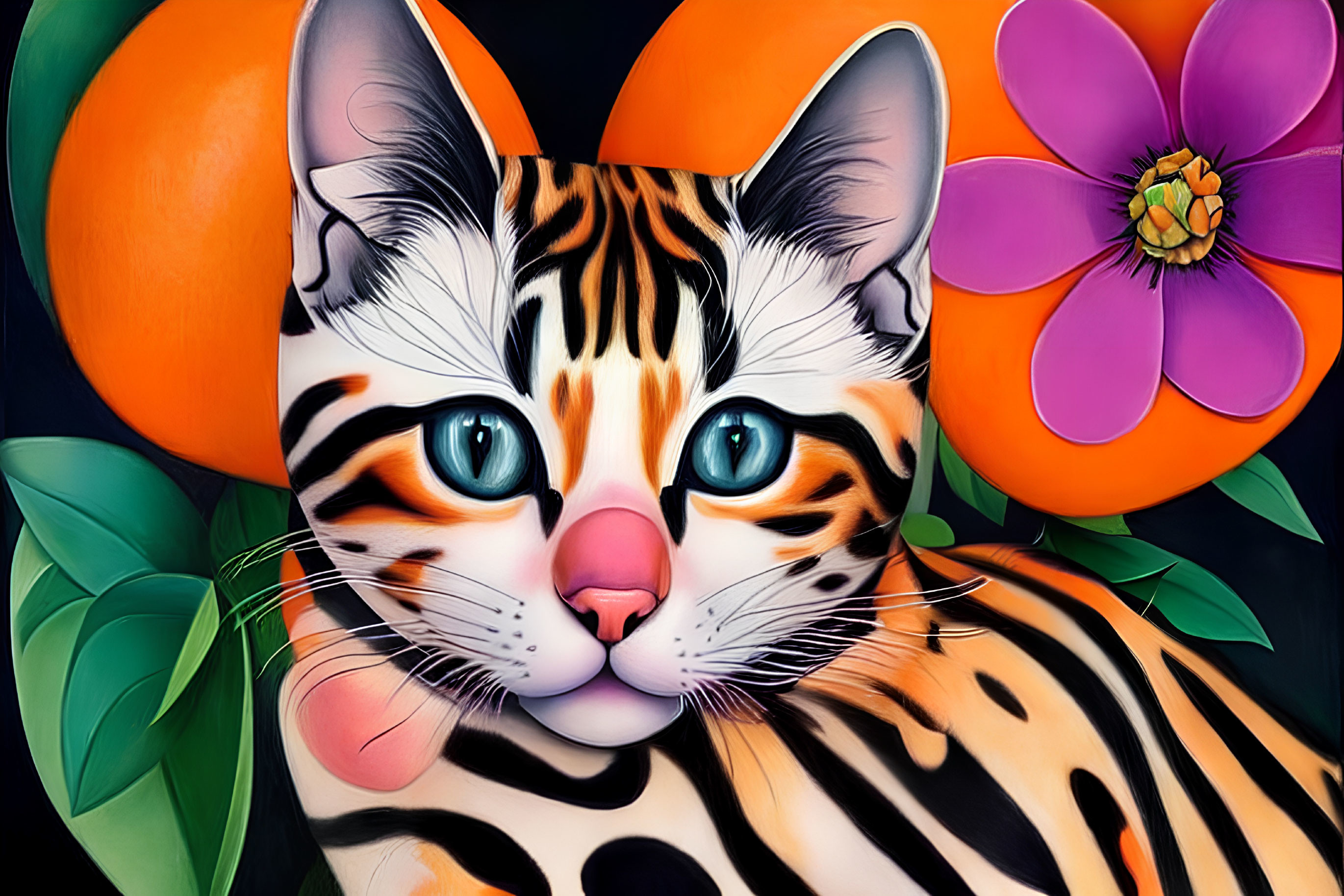 Whimsical tiger-striped kitten with oranges and pink flower