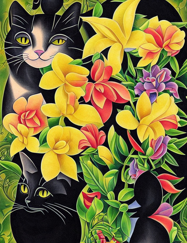 Colorful Artwork: Two Black Cats Among Vibrant Flowers