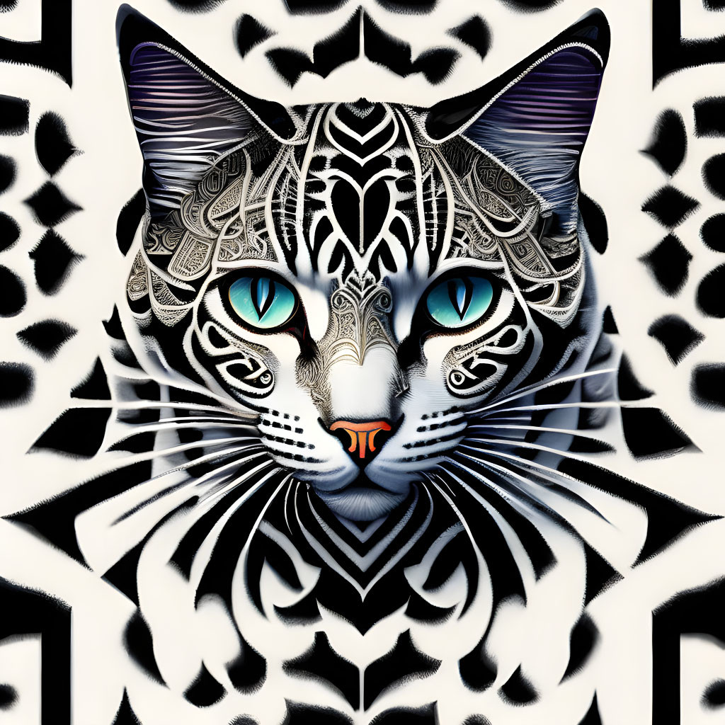 Symmetrical patterned cat face with blue eyes on geometric background