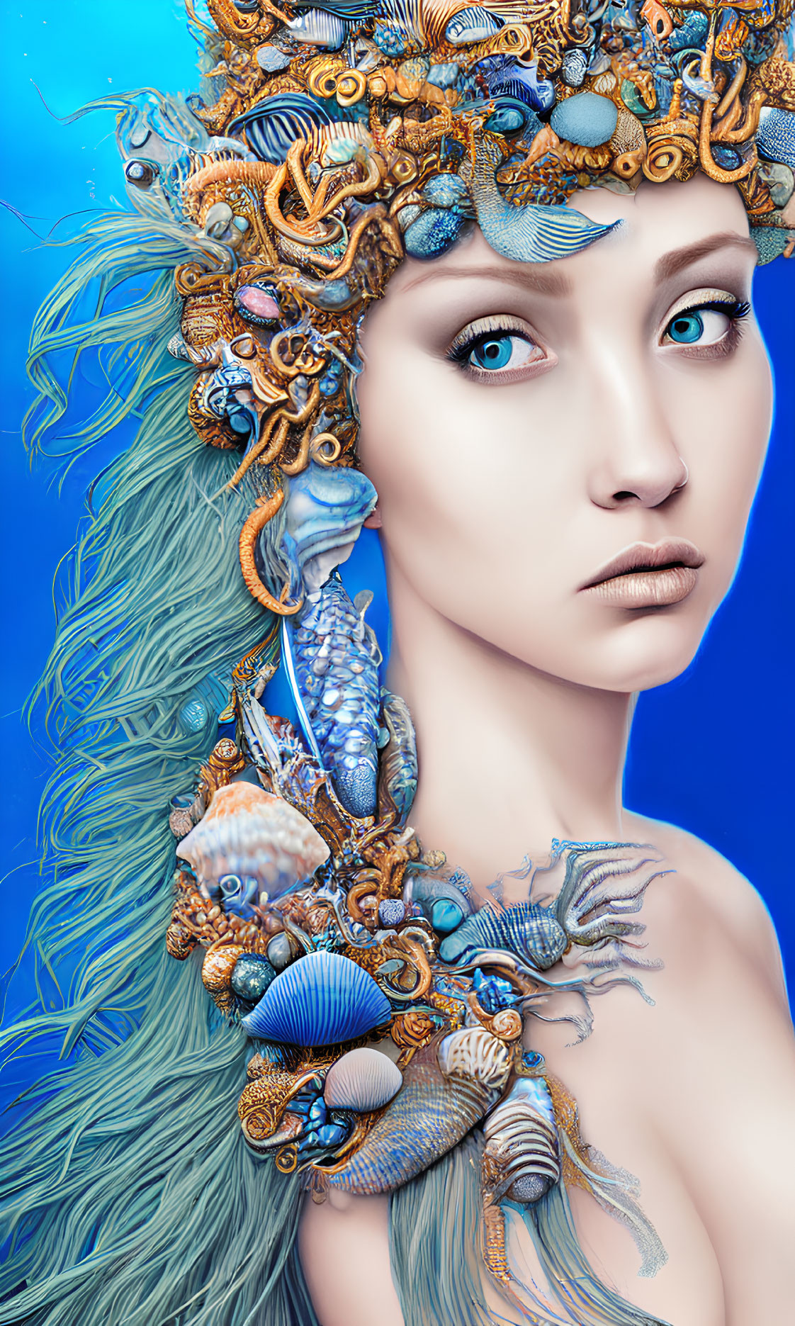 Sea-themed headdress with shells and marine life on woman's head on blue background