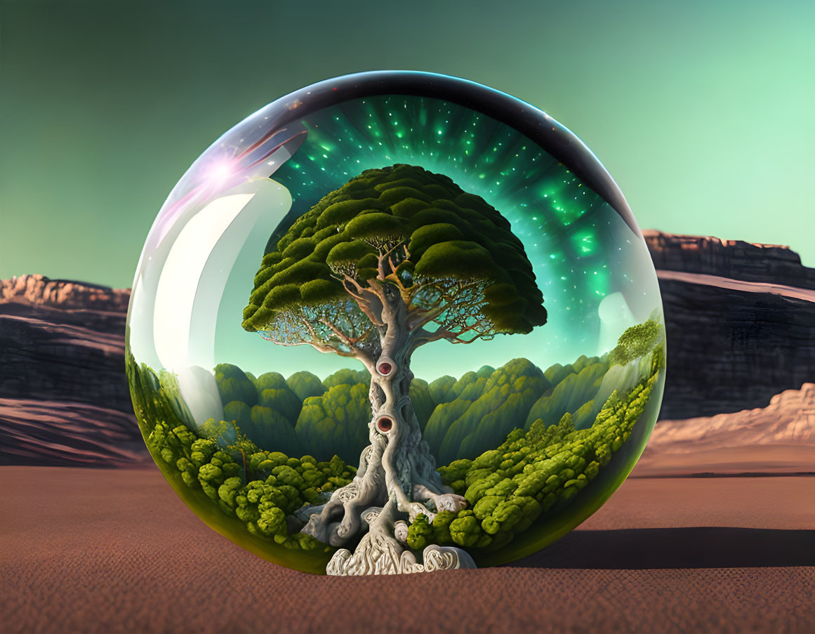 Vibrant tree in crystal sphere against desert cliffs under clear sky