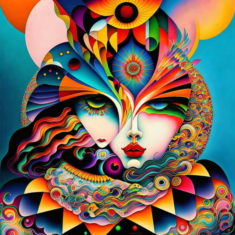 Colorful surreal artwork: Two faces in profile surrounded by abstract shapes
