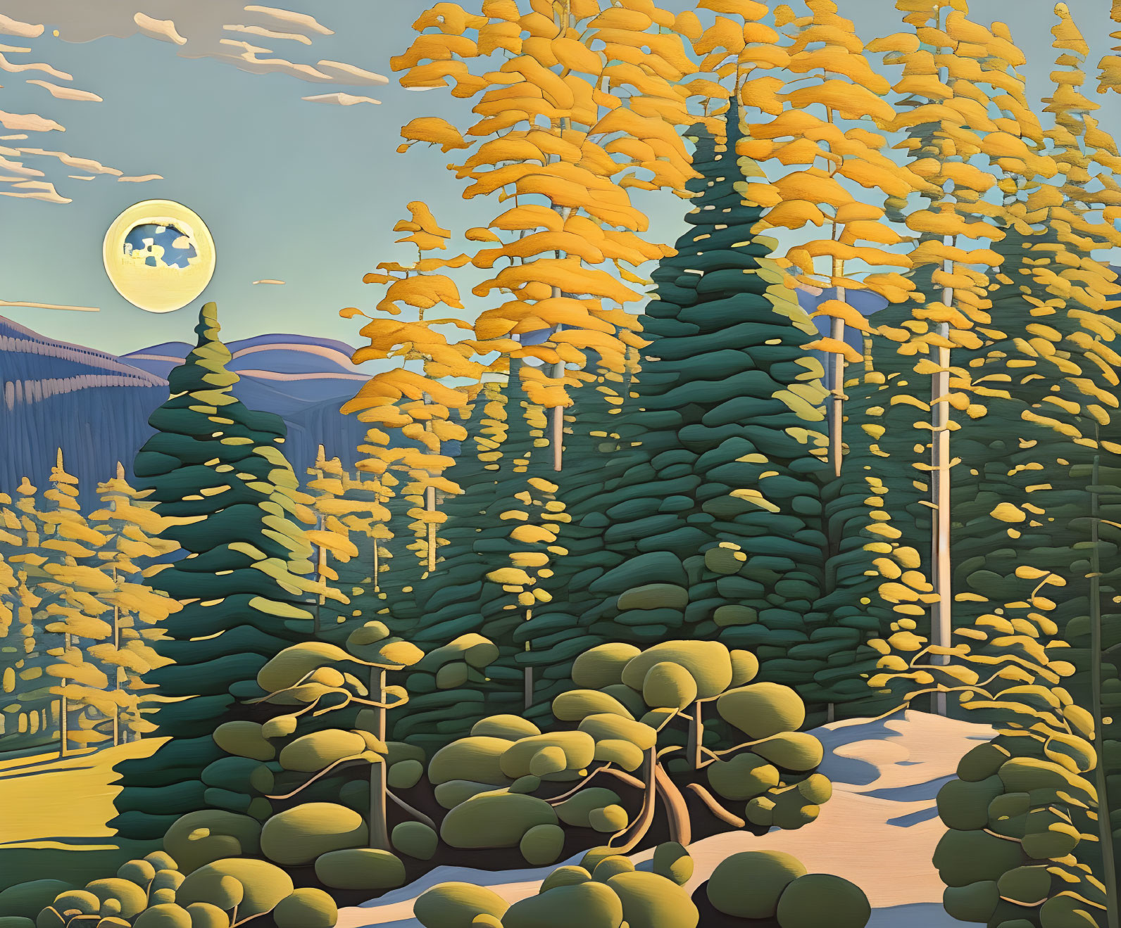 Forest Scene: Golden Trees, Full Moon, Winding Path