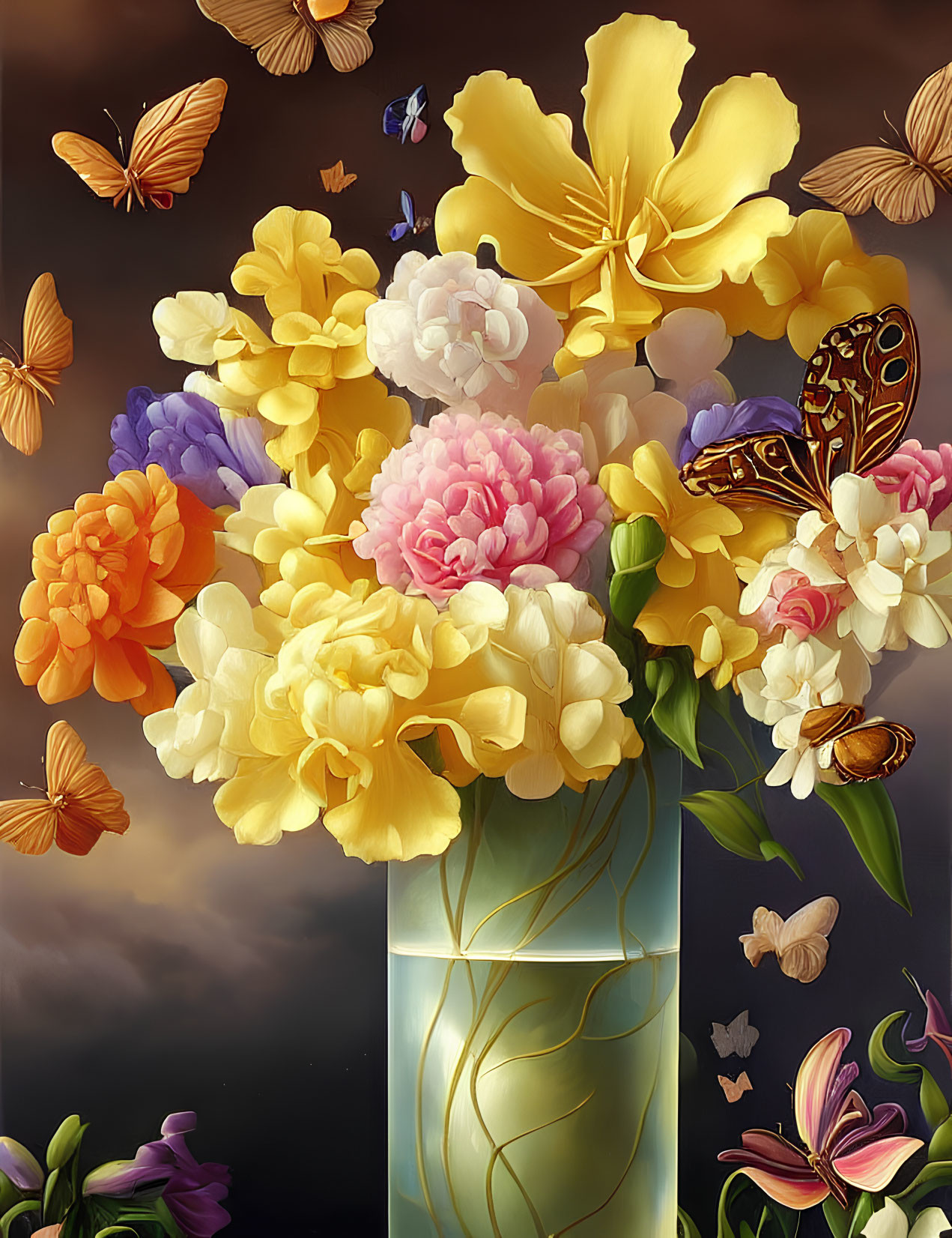 Colorful Flower Bouquet in Decorative Vase with Butterflies on Moody Sky Background