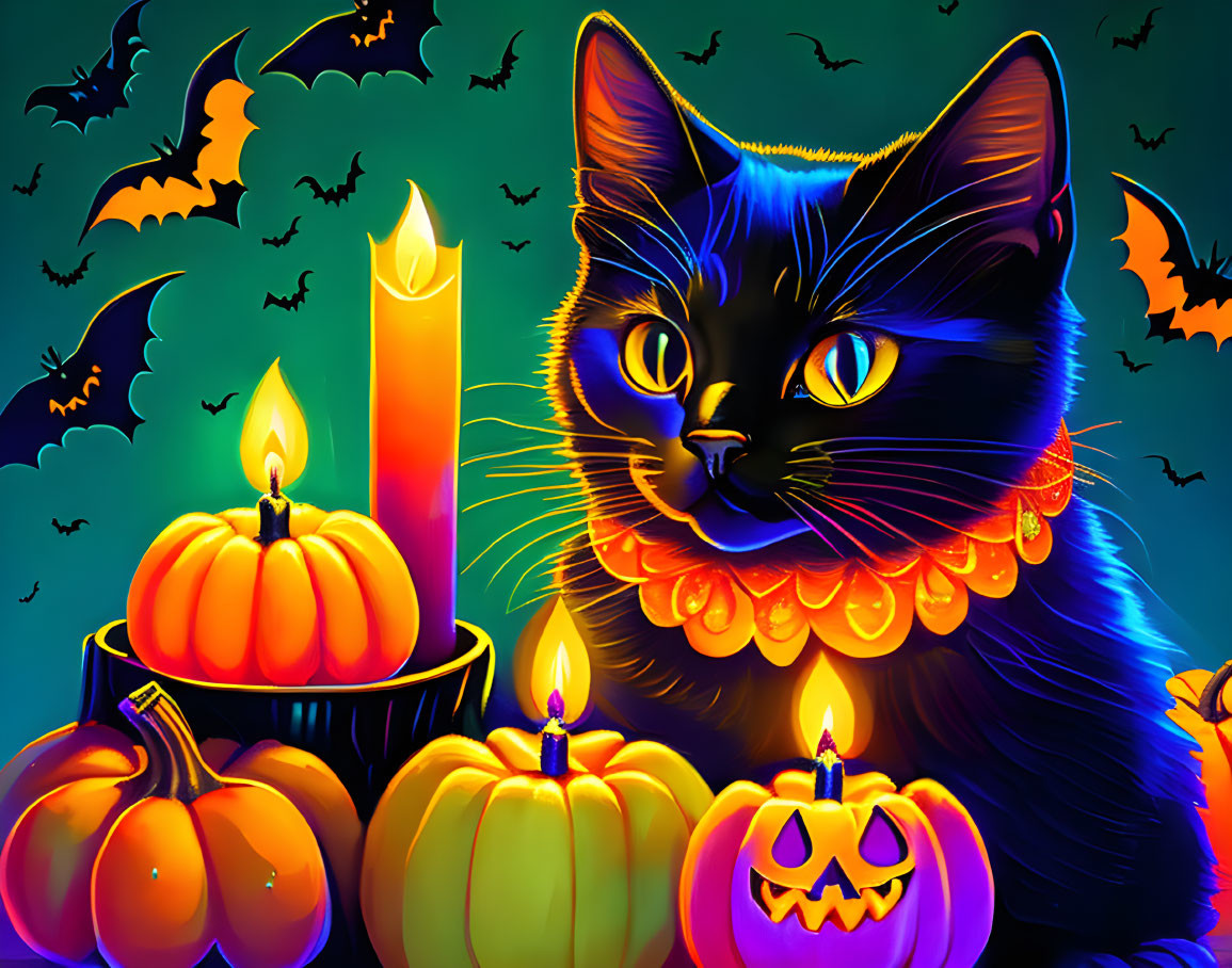 Colorful Halloween Illustration: Black Cat, Candles, Pumpkins, Bats