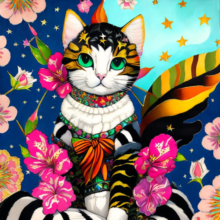 Colorful Cat Illustration with Floral Patterns and Beaded Necklace