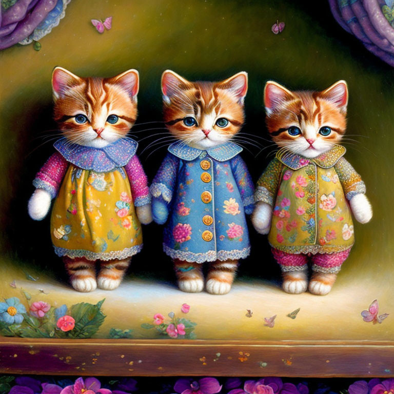 Colorful Vintage Clothing: Anthropomorphic Kittens in Whimsical Setting