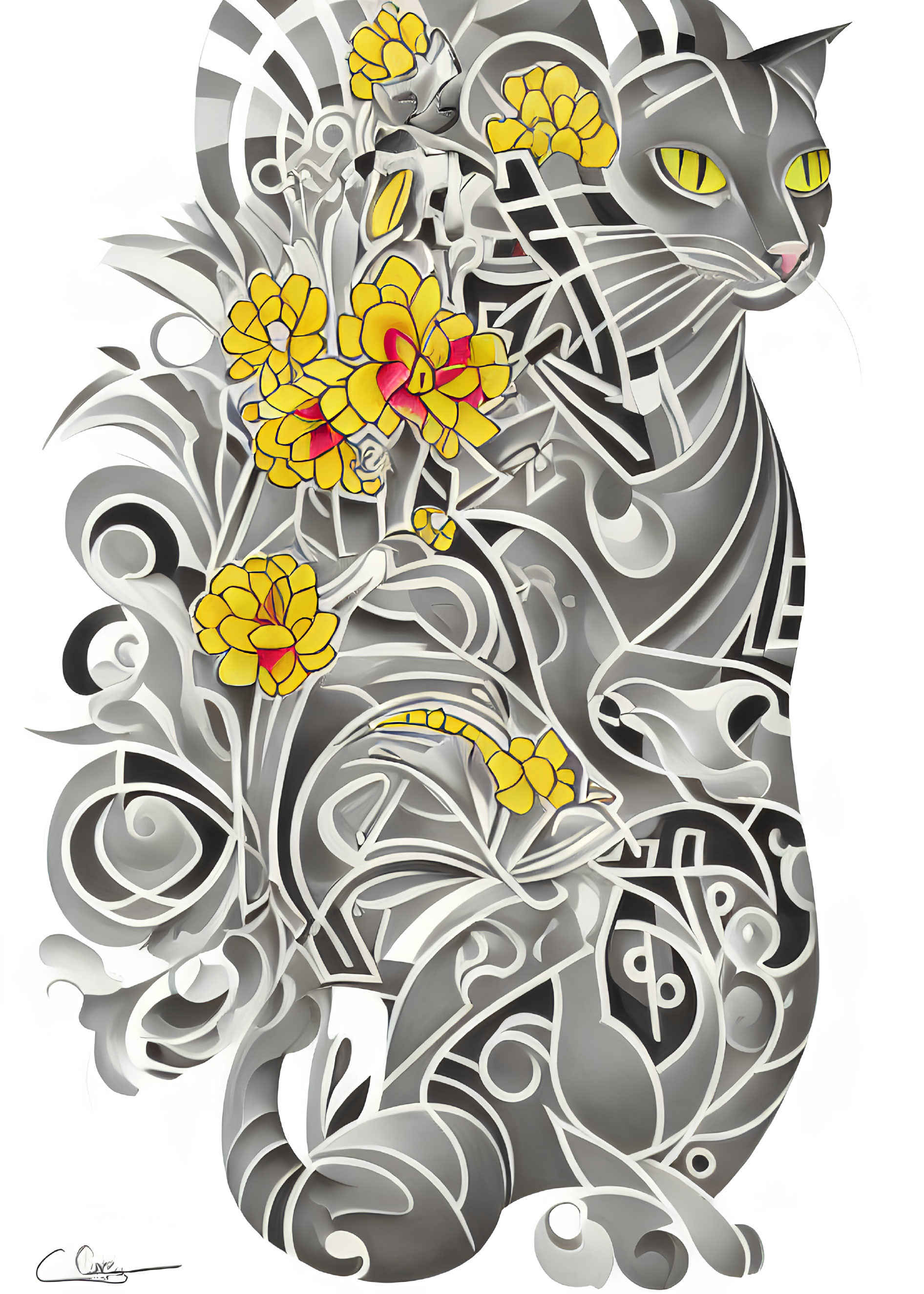 Stylized cat illustration with silver swirls and yellow flowers