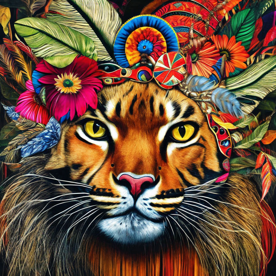 Vibrant Tiger Head Artwork with Feathers and Flowers