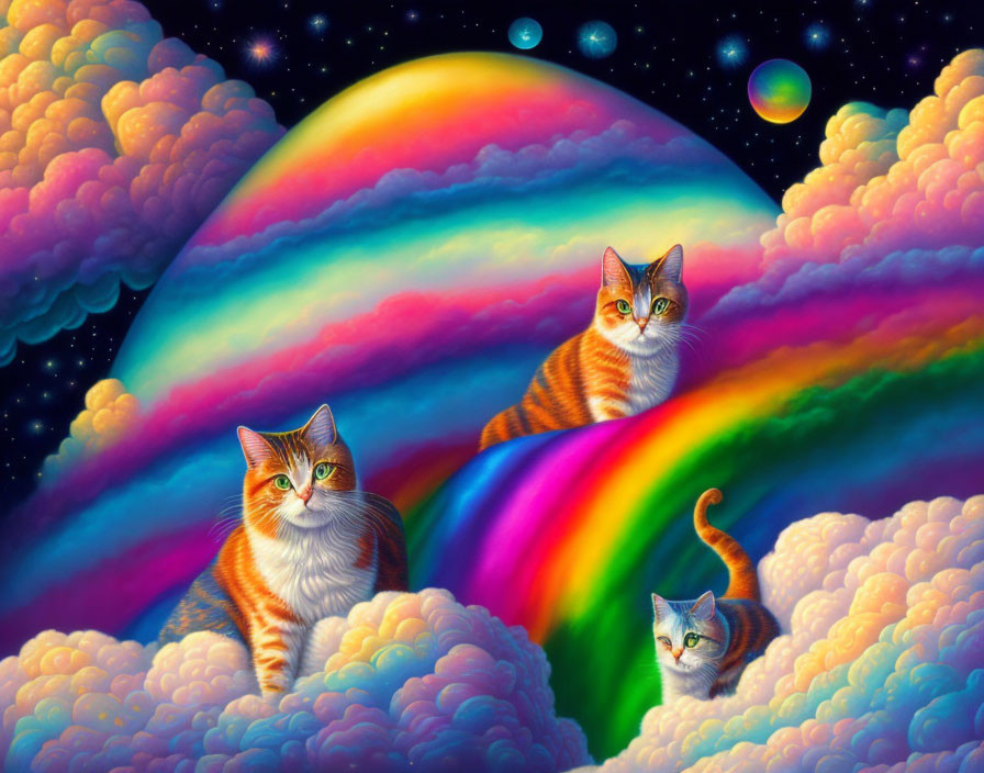 Colorful Cats on Clouds in Vibrant Rainbow Landscape