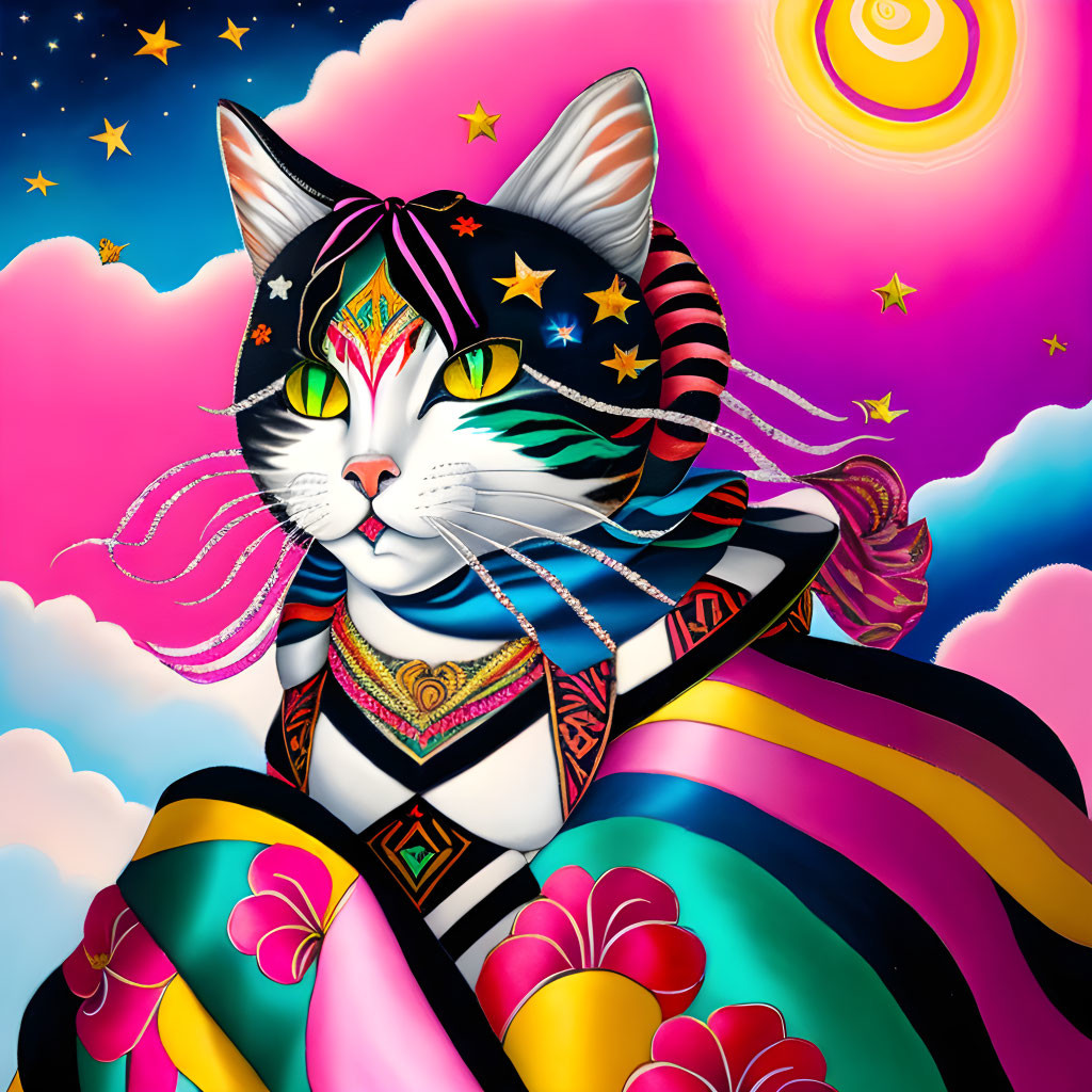 Whimsical cat illustration in vibrant colors