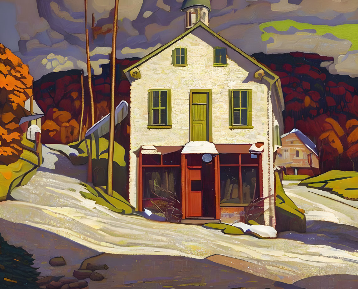 Stylized painting of two-story house in snowy autumn landscape