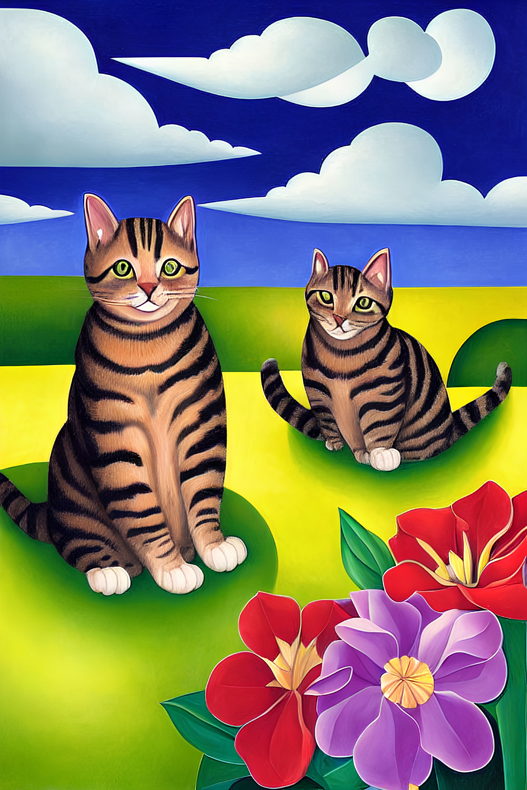 Stylized striped cats in colorful landscape with flowers under blue sky